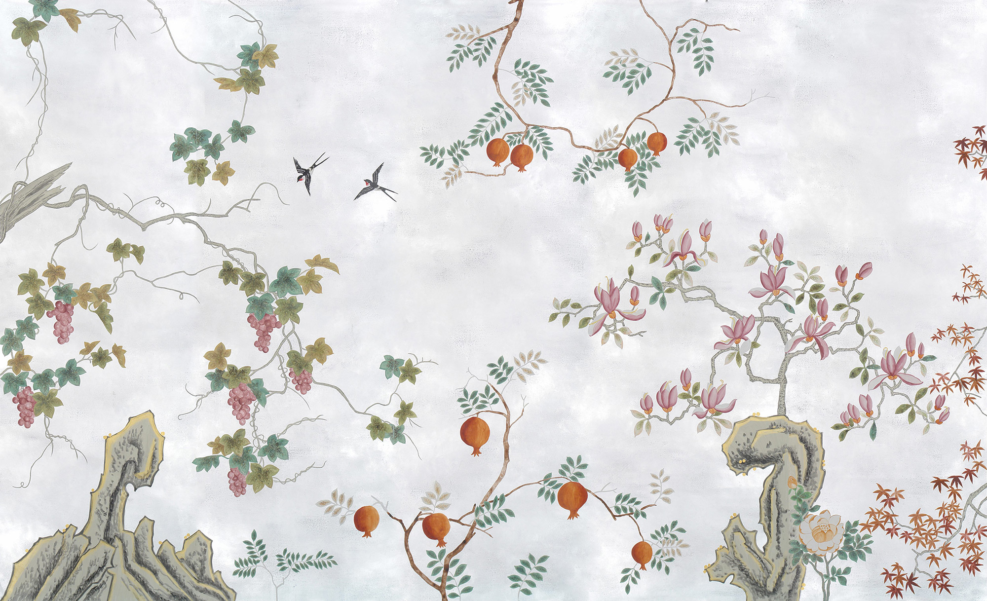 Обои ручная роспись Summer Night Blossom Original colourway on Ocean Silver gilded paper Обои ручная роспись Summer Night Blossom Original colourway on Ocean Silver gilded paper - постер Loft-Concept в Воронеже