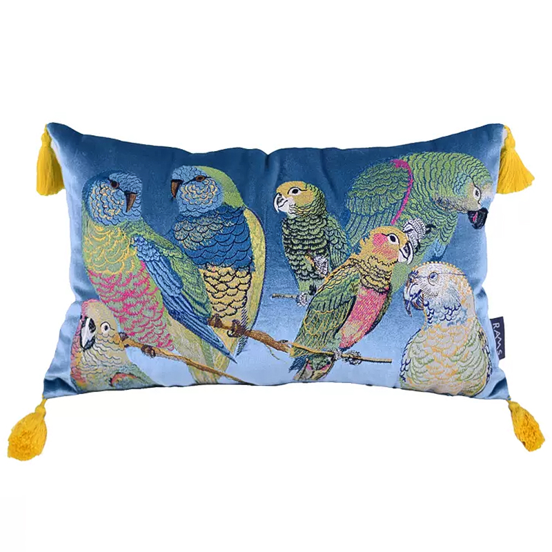 Декоративная подушка с вышивкой Embroidery Parrots Long Pillow Blue Голубой Мульти в Воронеже | Loft Concept 