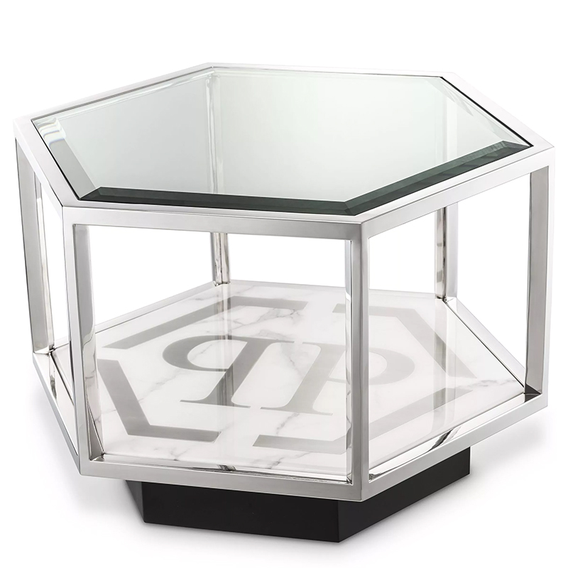 Приставной стол Philipp Plein Side Table Falcon View Chrome Хром Белый Мрамор Bianco Серый Черный Прозрачное Стекло в Воронеже | Loft Concept 