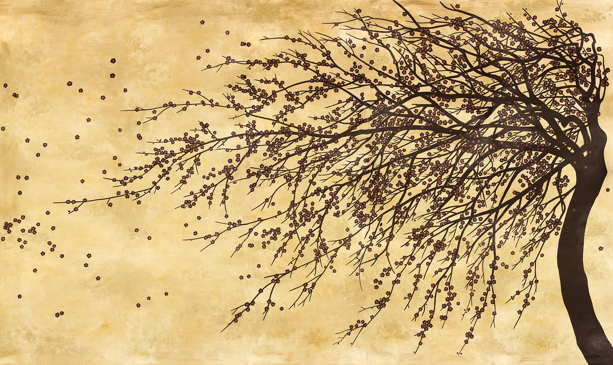Обои ручная роспись Windswept Blossom Noir on Warm Gold gilded Xuan paper with pearlescent antiquing Обои ручная роспись Windswept Blossom Noir on Warm Gold gilded Xuan paper with pearlescent antiquing - постер Loft-Concept в Воронеже