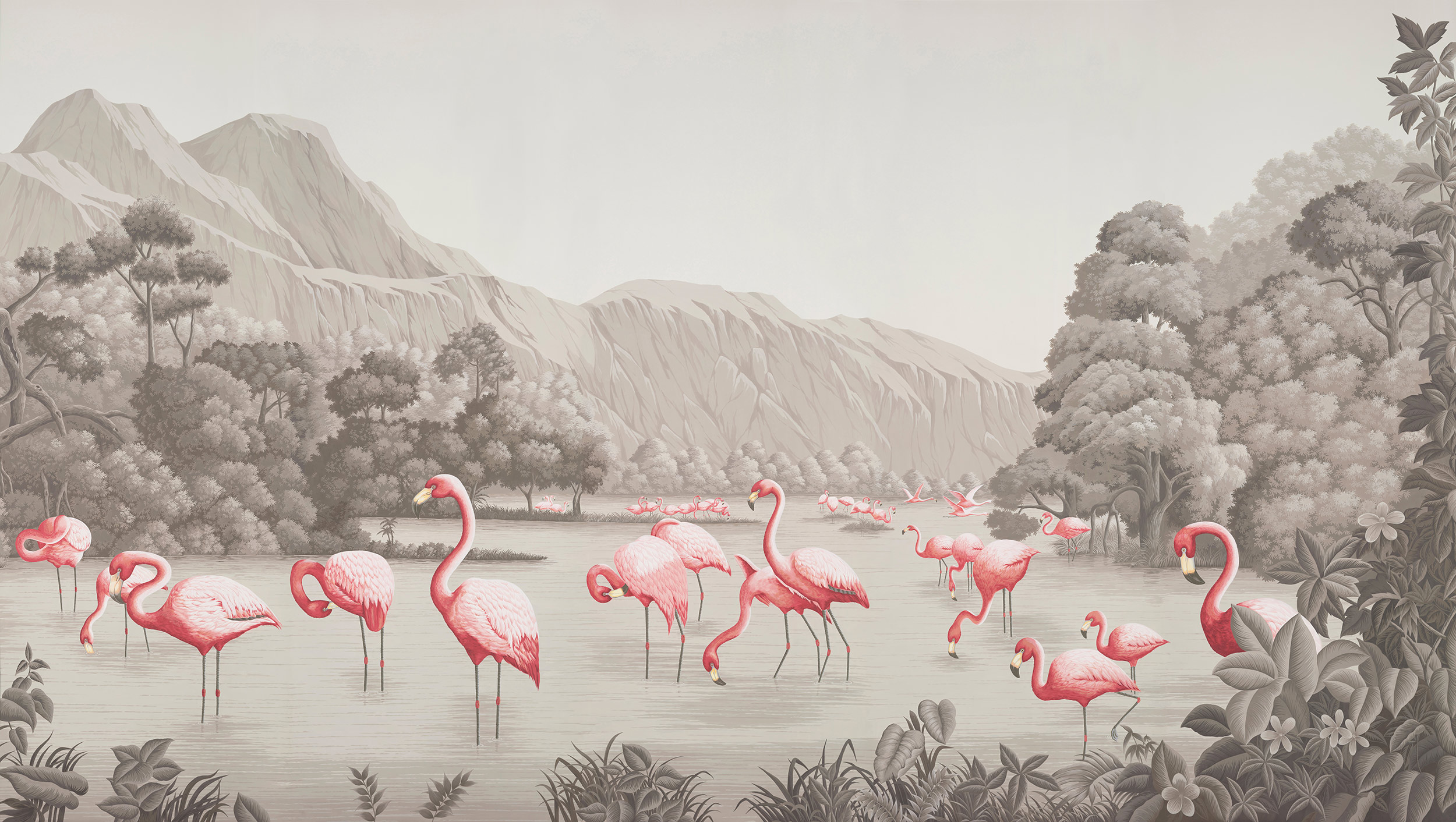 Обои ручная роспись Flamingos Flamingo on Eau Forte scenic paper Обои ручная роспись Flamingos Flamingo on Eau Forte scenic paper - постер Loft-Concept в Воронеже