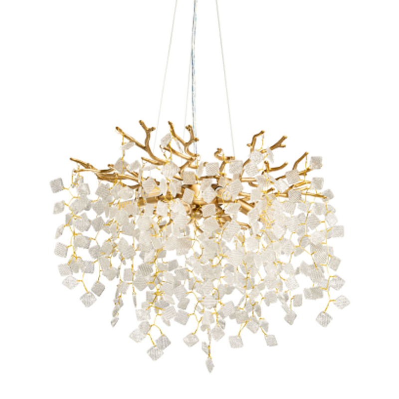 Люстра подвесная золотого цвета с декоративными ветвями и прозрачными рельефными подвесками FAIRYTREE Light Золотой Прозрачный в Воронеже | Loft Concept 