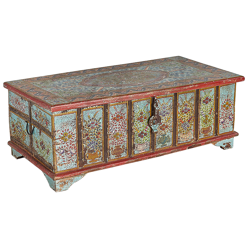 Сундук ручная роспись Pran Antique Indian Painted Chest Мульти Бирюзовый Красный в Воронеже | Loft Concept 