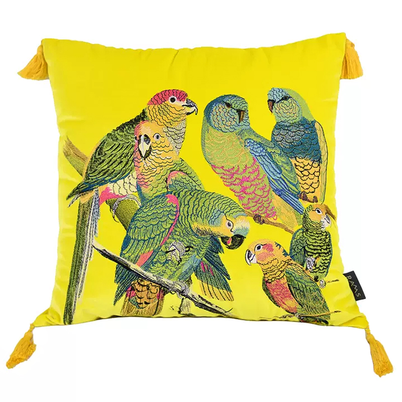 Декоративная подушка с вышивкой Embroidery Parrots Pillow Yellow Желтый Мульти Декоративная подушка с вышивкой Embroidery Parrots Pillow Yellow Желтый Мульти в Воронеже | Loft Concept