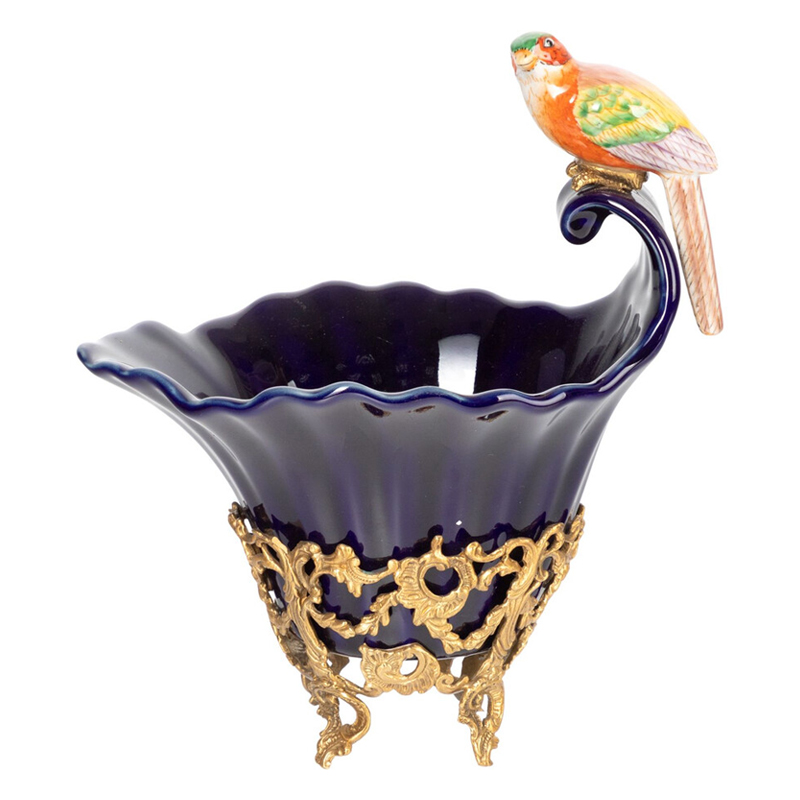 Чаша темно-синего цвета из фарфора с разноцветной птичкой Eden Garden porcelain and bronze Темно-синий Бронза Мульти в Воронеже | Loft Concept 
