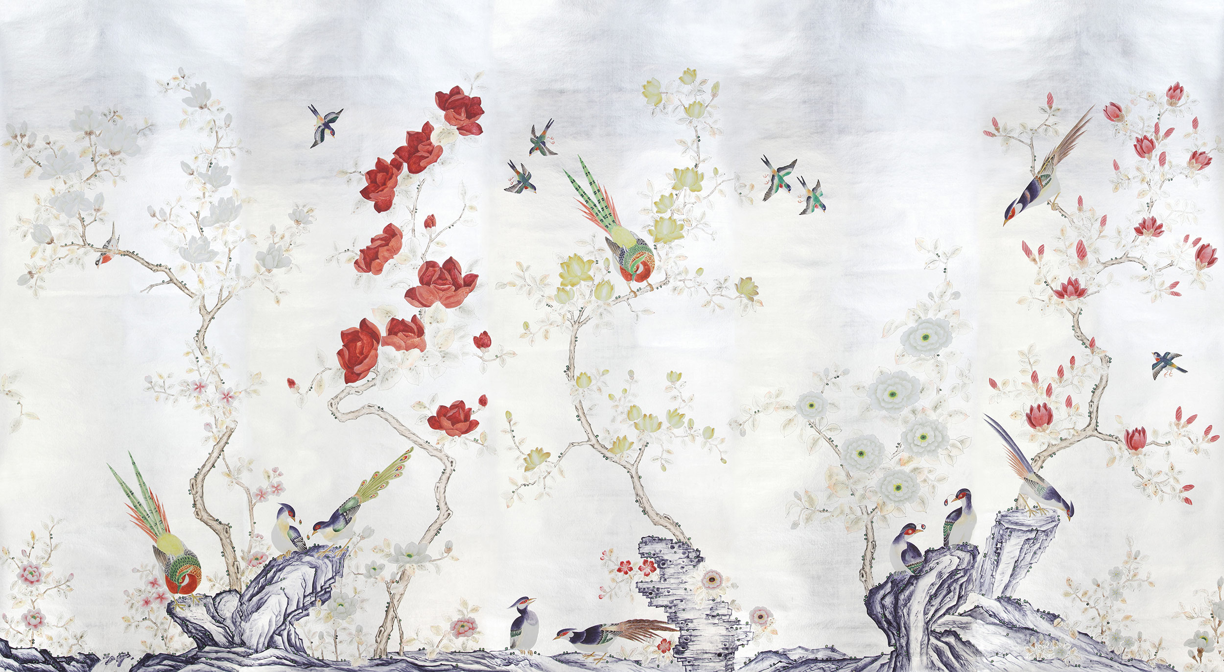 Обои шинуазри Japanese Garden Original colourway on Sterling Silver gilded Xuan paper Обои шинуазри Japanese Garden Original colourway on Sterling Silver gilded Xuan paper - постер Loft-Concept в Воронеже