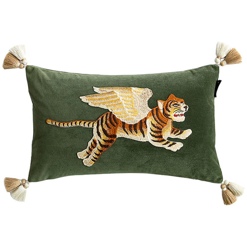 Декоративная подушка с вышивкой Стиль Gucci Winged Tiger Cushion Зеленый Оранжевый Золотой в Воронеже | Loft Concept 