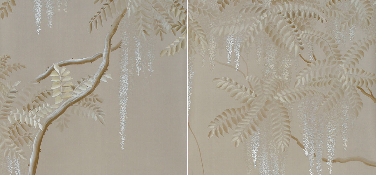 Обои ручная роспись Wisteria Limewash on Lead Grey dyed silk - фото