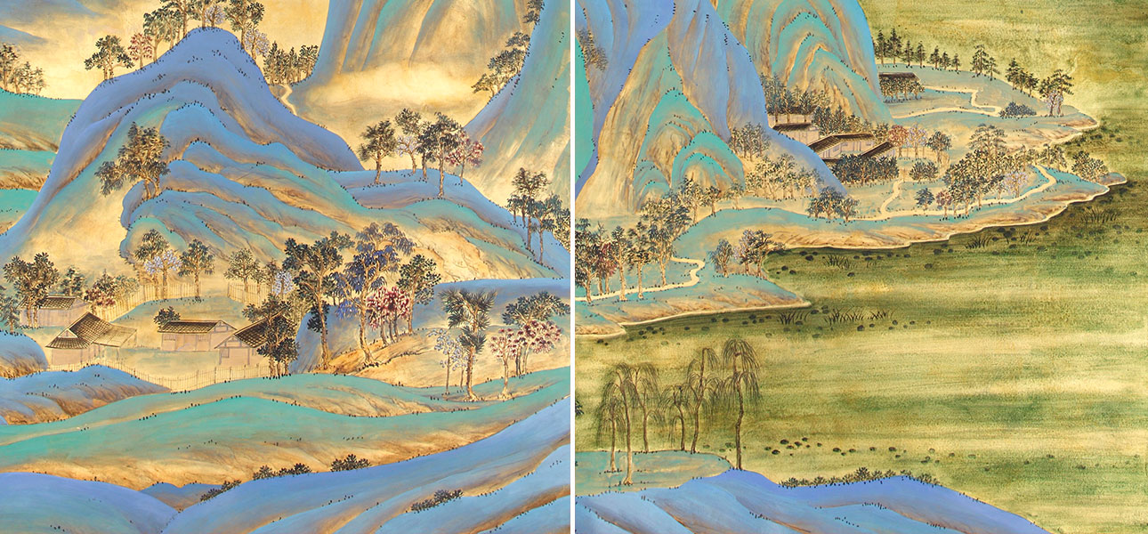 Обои ручная роспись A Thousand Li of Rivers and Mountains Original colourway on Deep Rich Gold gilded paper with gold pearlescent antiquing - фото