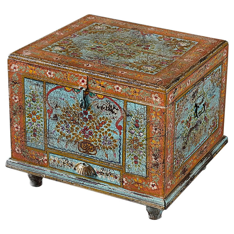 Сундук ручная роспись Harsh Antique Indian Painted Chest Мульти Бирюзовый Оранжевый в Воронеже | Loft Concept 