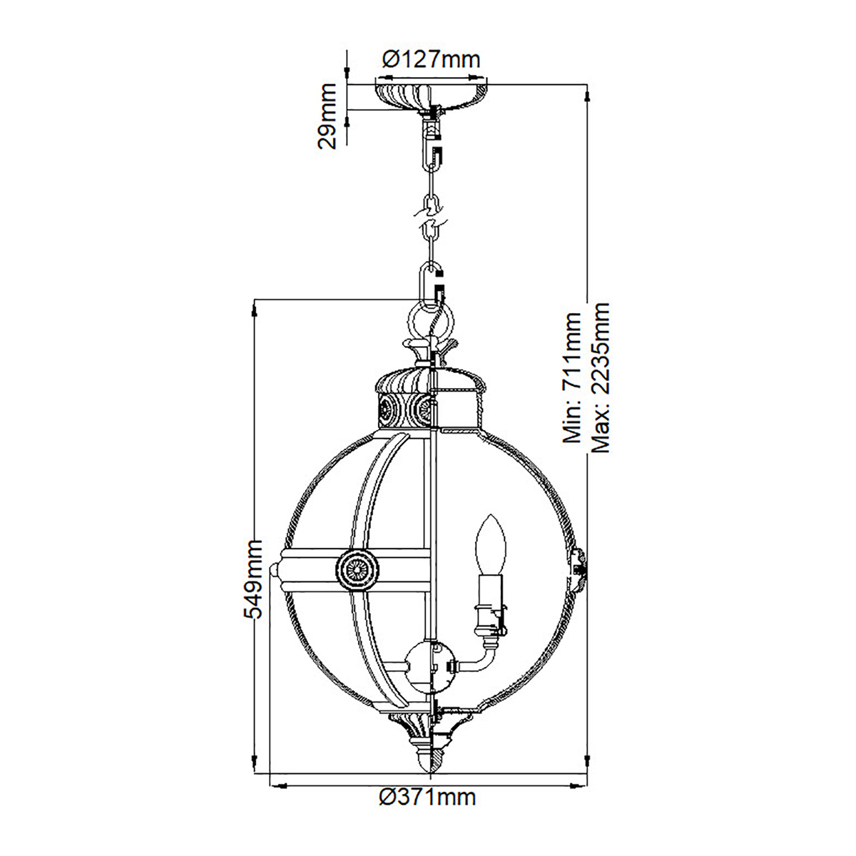 Подвесной светильник с прозрачным стеклянным плафоном в форме шара цвета никеля в индустриальном стиле на цепи 3 лампы Feiss в Воронеже