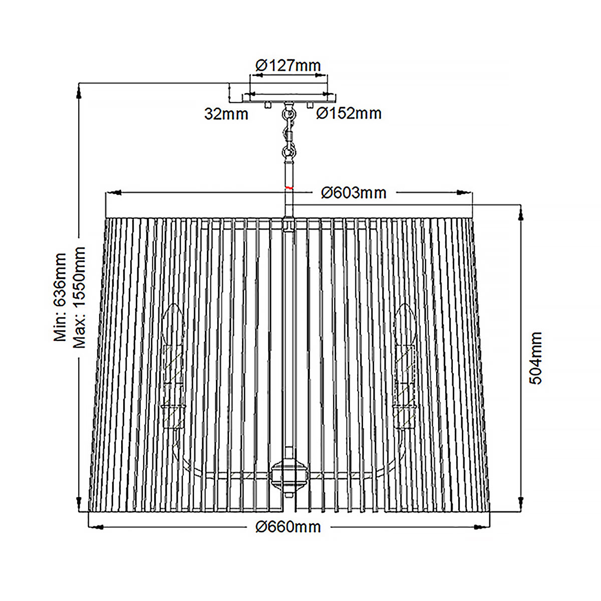 Люстра цвета латунь с 6-ю лампами свечами внутри цилиндрического абажура из черных металлических реек Kichler в Воронеже