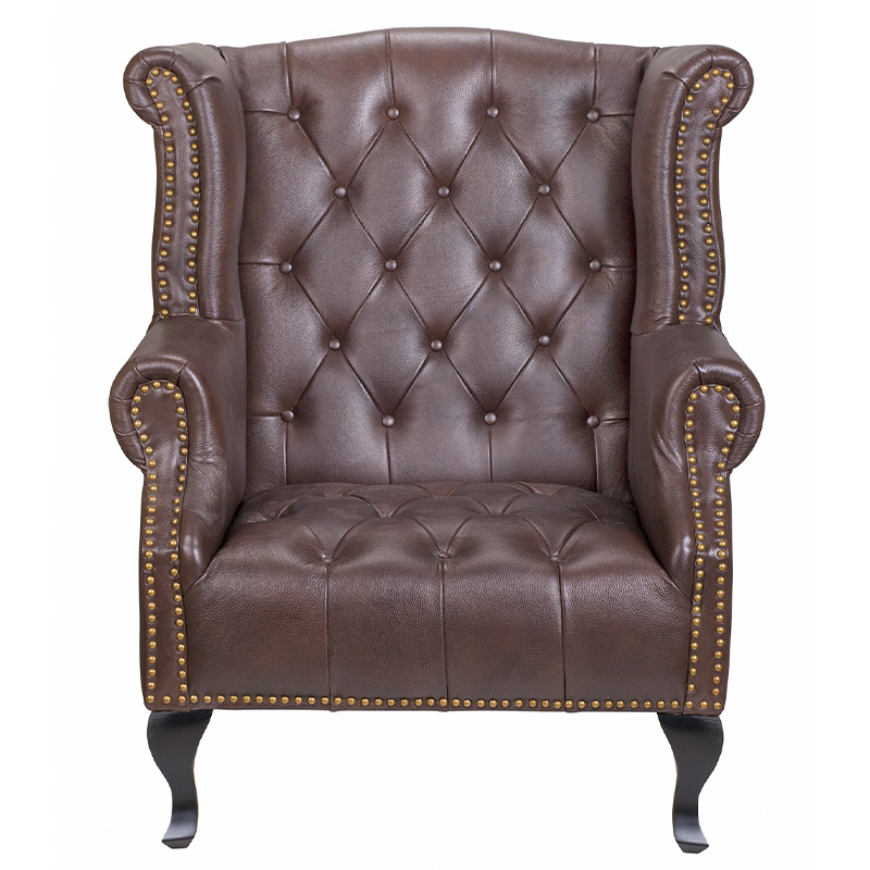 Кресло из натуральной кожи на 4-х деревянных ножках из массива бука Thomas Armchair brown Коричневый Черный в Воронеже | Loft Concept 