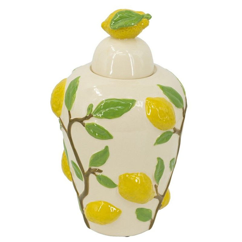 Ваза с крышкой кремового цвета и объемным рисунком лимонов и листьев Lemon Delight Кремовый Желтый Коричневый Зеленый Ваза с крышкой кремового цвета и объемным рисунком лимонов и листьев Lemon Delight Кремовый Желтый Коричневый Зеленый в Воронеже | Loft Concept