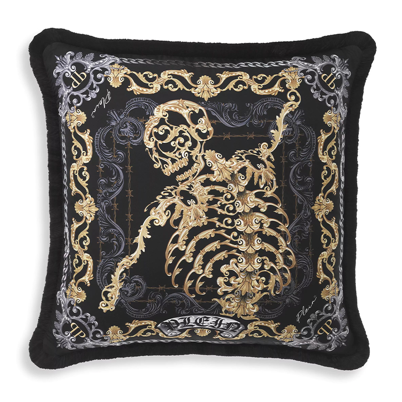 Подушка Philipp Plein Cushion Silk Skeleton 50 x 50 cm Черный Серый Золотой в Воронеже | Loft Concept 