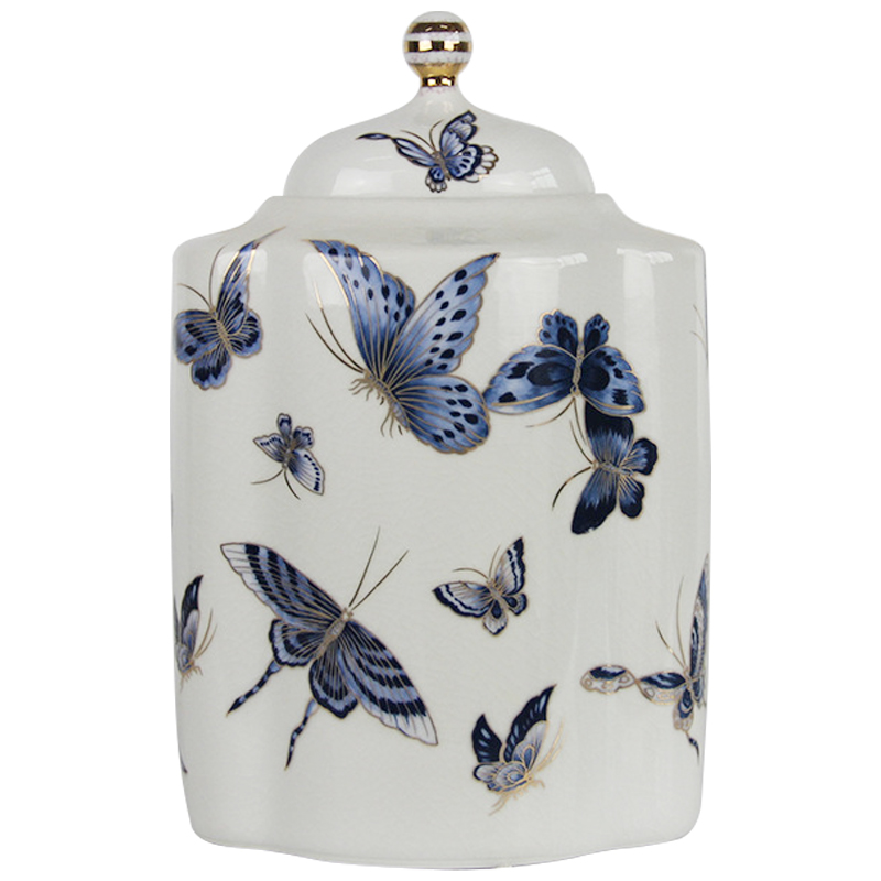 Ваза с крышкой Porcelain Butterfly Blue and Gold Vase Белый Синий Золотой в Воронеже | Loft Concept 