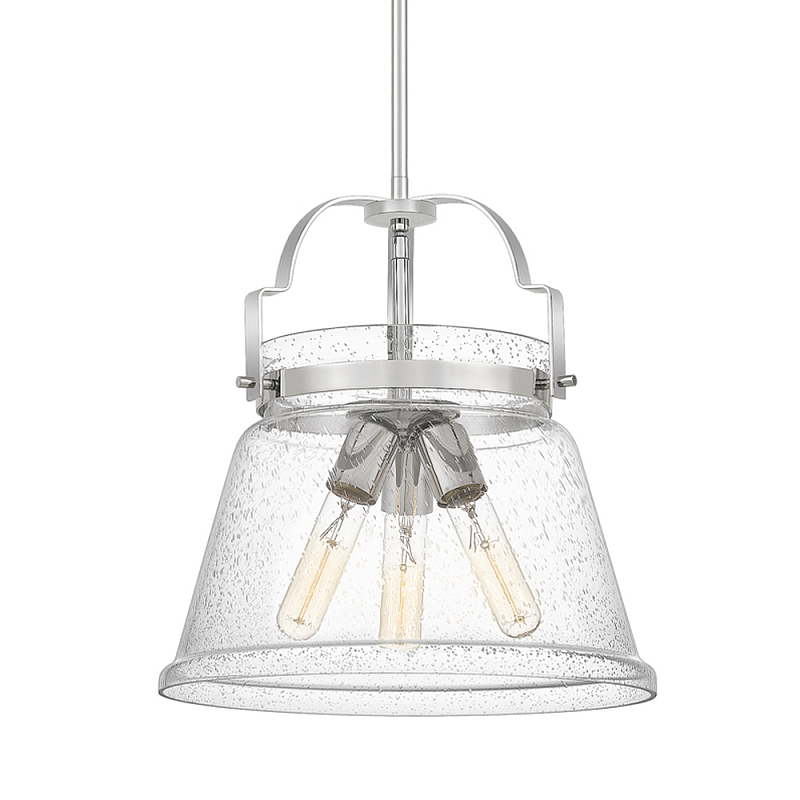 Подвесной светильник с прозрачным стеклянным плафоном в форме колокола с эффектом пузырьков и тремя лампами Quoizel Хром Латунь Прозрачное Стекло в Воронеже | Loft Concept 