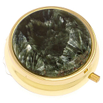 Таблетница карманная круглая с 3-мя отделениями и накладкой из натурального камня Серафинит Gold Stone Pillboxes варинант исполнения - 1 | Loft Concept в Воронеже