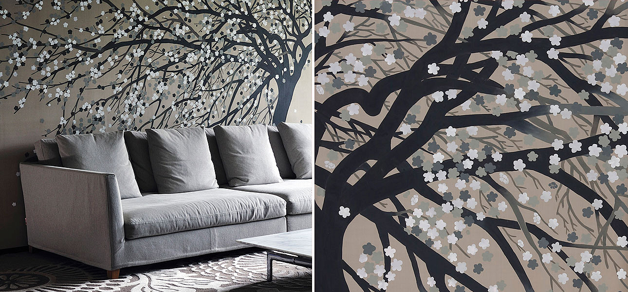 Обои ручная роспись Windswept Blossom Colourway SC-53 on Lead Grey dyed silk Обои ручная роспись Windswept Blossom Colourway SC-53 on Lead Grey dyed silk - Loft-Concept в Воронеже