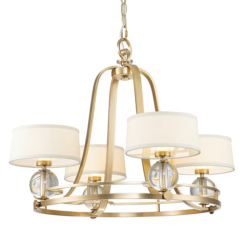 Люстра цвета латунь с 4-мя тканевыми абажурами и стеклянными шарами Quoizel Латунь Прозрачное Стекло Бежевый в Воронеже | Loft Concept 