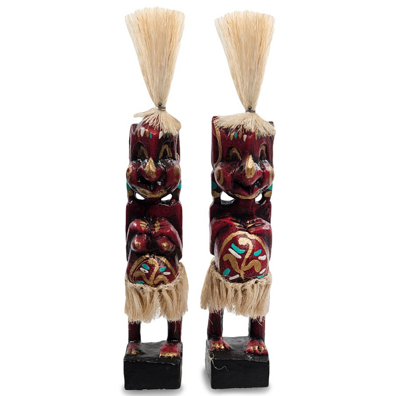 Комплект из 2-х деревянных статуэток Asmat Straw Headdress Statuettes Red Tattoo Красный Бежевый Золотой Мульти Комплект из 2-х деревянных статуэток Asmat Straw Headdress Statuettes Red Tattoo Красный Бежевый Золотой Мульти в Воронеже | Loft Concept