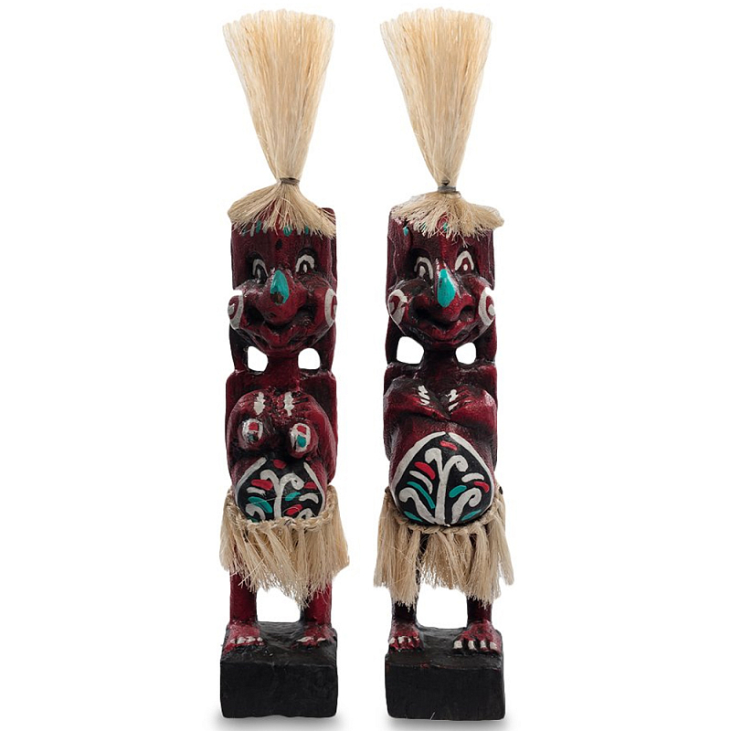 Комплект из 2-х деревянных статуэток Asmat Straw Headdress Statuettes Red Turquoise Красный Бежевый Бирюзовый Белый Мульти в Воронеже | Loft Concept 