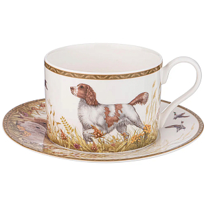 Чайная пара из фарфора с изображением собаки и зайцев 300 мл Hunting Porcelain Collection