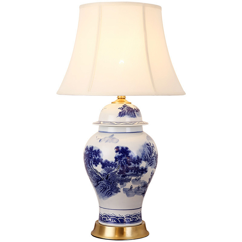 Настольная лампа с абажуром Blue Chinoiserie Table Lampshade Бежевый Белый Синий Золотой Настольная лампа с абажуром Blue Chinoiserie Table Lampshade Бежевый Белый Синий Золотой в Воронеже | Loft Concept