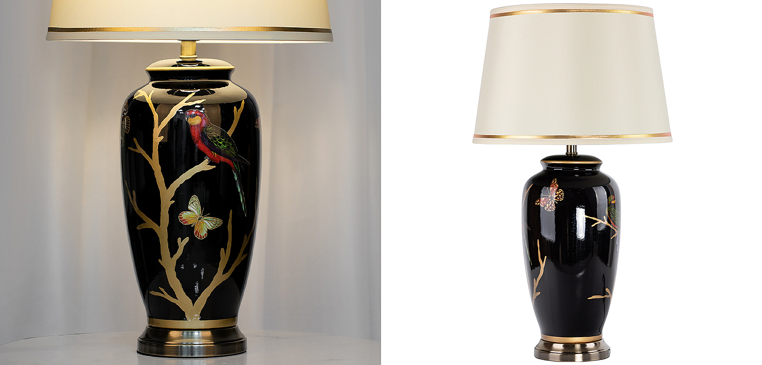 Настольная лампа с абажуром Bird on Golden Branches Black Lampshade Настольная лампа с абажуром Bird on Golden Branches Black Lampshade - Loft-Concept в Воронеже