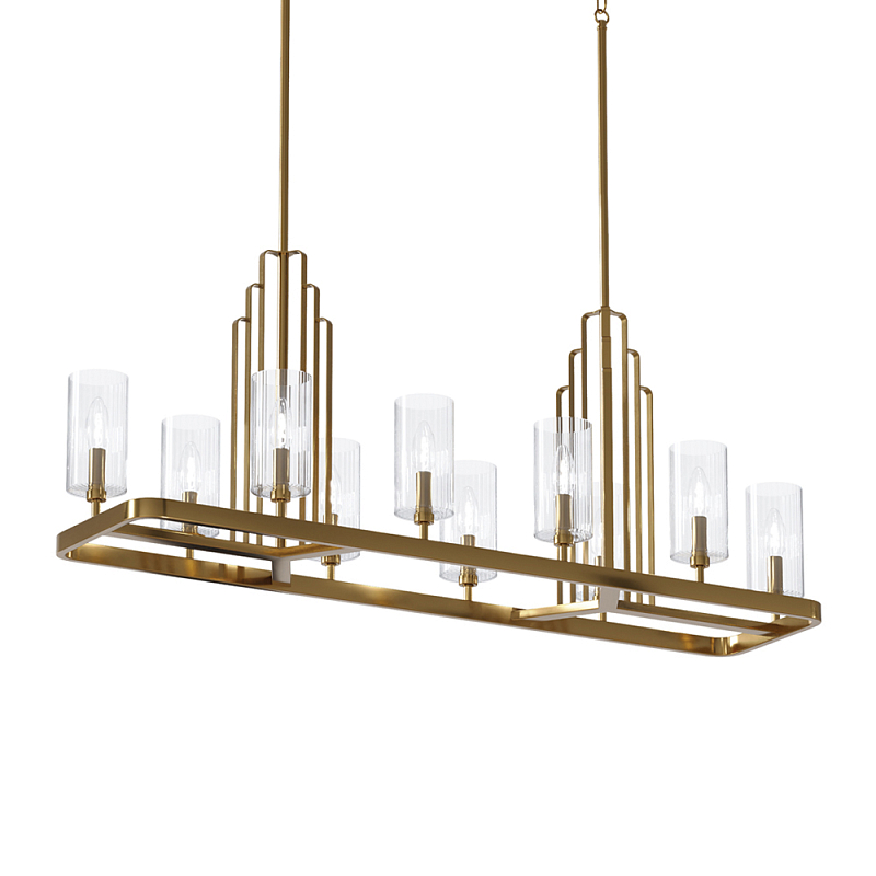 Люстра прямоугольная цвета латунь с прозрачными рифлеными цилиндрическими плафонами Kichler Латунь Прозрачное Стекло Никель в Воронеже | Loft Concept 