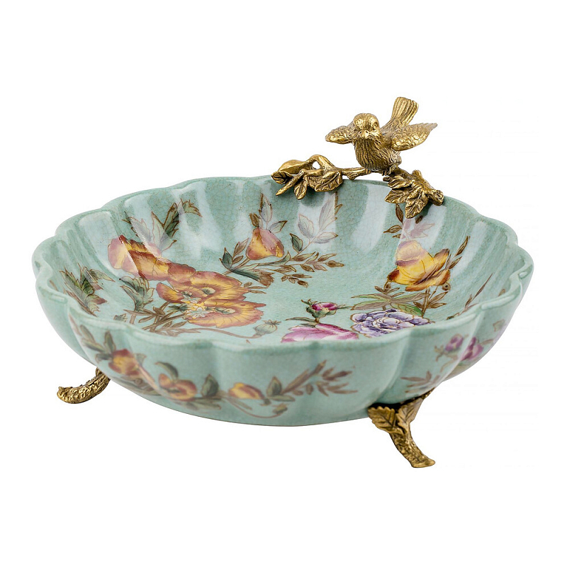 Блюдо из голубого фарфора с бронзовой птичкой Blue Garden Голубой Бронза Мульти в Воронеже | Loft Concept 