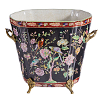 Кашпо из фарфора черная с цветочной росписью и бронзовой стрекозой Spring Garden варинант исполнения - 1 | Loft Concept в Воронеже