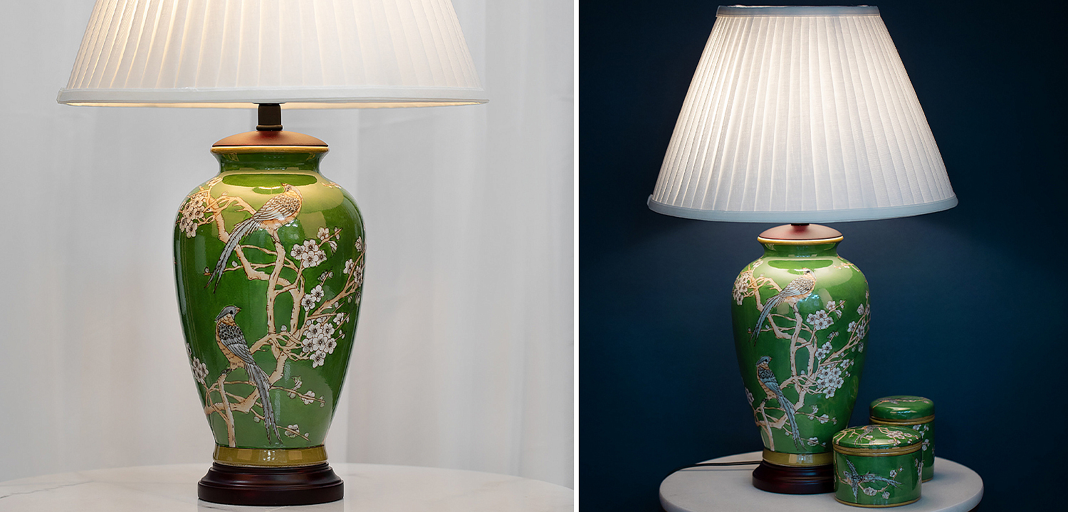 Настольная лампа с абажуром Birds Green Chinoiserie Lampshade Настольная лампа с абажуром Birds Green Chinoiserie Lampshade - Loft-Concept в Воронеже