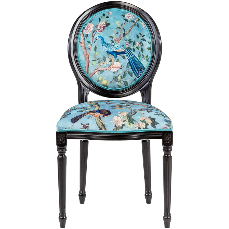 Стул из массива бука бирюзовый с изображением птиц в саду Turquoise Chinoiserie Bird Chair Бирюзовый Мульти Черный в Воронеже | Loft Concept 