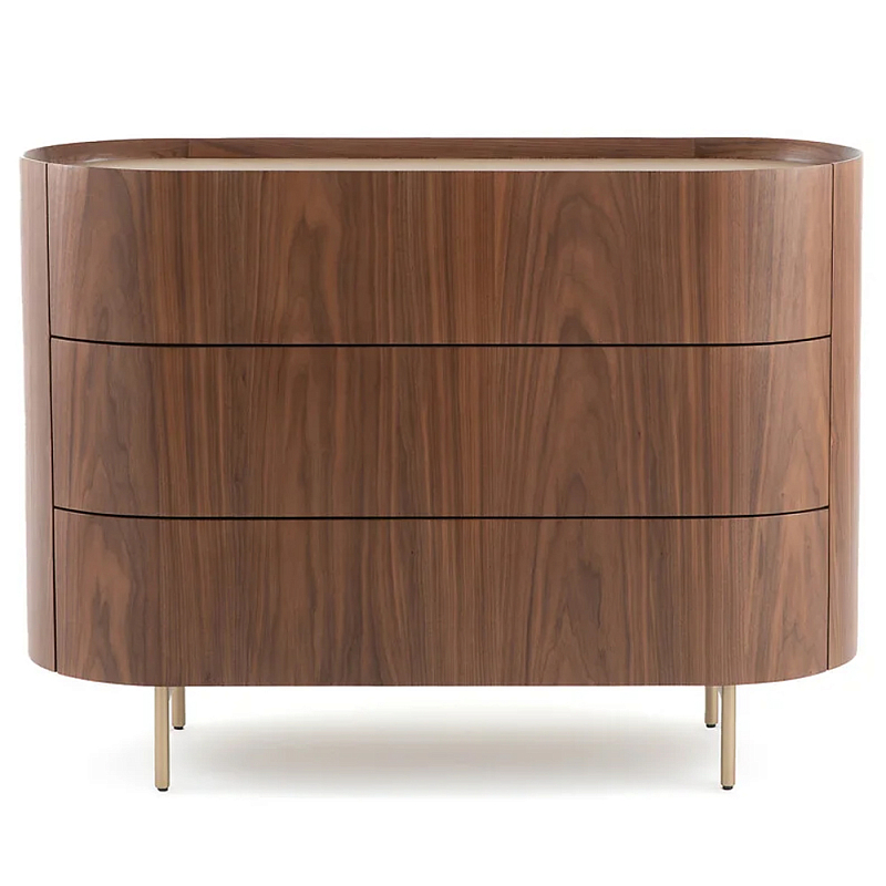 Комод округлой формы с тремя ящиками Walnut and Leather Коричневый Латунь Бежевый в Воронеже | Loft Concept 