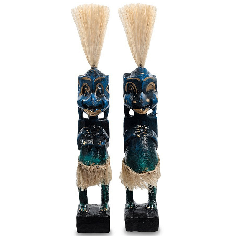 Комплект из 2-х деревянных статуэток Asmat Straw Headdress Statuettes Blue Синий Бирюзовый Бежевый Комплект из 2-х деревянных статуэток Asmat Straw Headdress Statuettes Blue Синий Бирюзовый Бежевый в Воронеже | Loft Concept