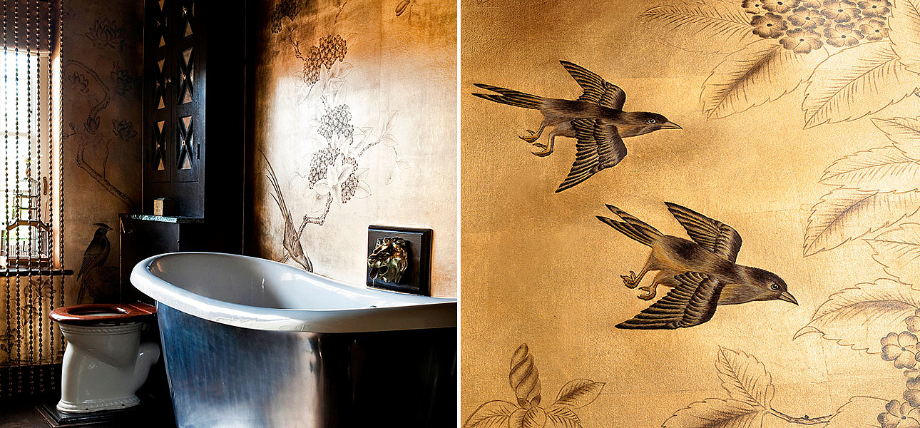 Обои ручная роспись Japanese Garden Dark Lacquer on Deep Rich Gold gilded silk Обои ручная роспись Japanese Garden Dark Lacquer on Deep Rich Gold gilded silk - Loft-Concept в Воронеже