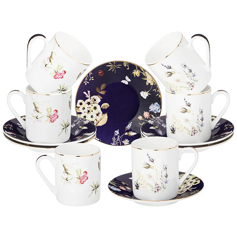 Кофейный набор из фарфора с рисунком цветов 100 мл Garden Whisper Porcelain Set Белый Темно-синий Мульти Кофейный набор из фарфора с рисунком цветов 100 мл Garden Whisper Porcelain Set Белый Темно-синий Мульти в Воронеже | Loft Concept