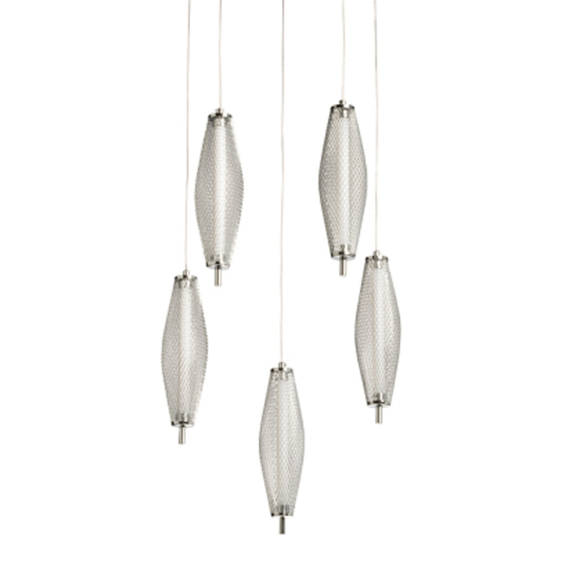 Люстра круглая каскадня с 5-ю плафонами из металлической сетки Mesh Lampshade Lighting Хром в Воронеже | Loft Concept 