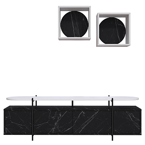 ТВ-тумба цвета черный мрамор с 4-мя дверцами c белой столешницей и 2-мя настенными полками HANLEY TV UNIT WHITE