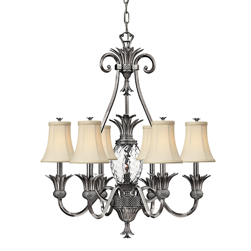 Люстра с 7-ю кремовыми текстильными абажурами Hinkley Никель Белый Бежевый Прозрачное Стекло Бронза в Воронеже | Loft Concept 