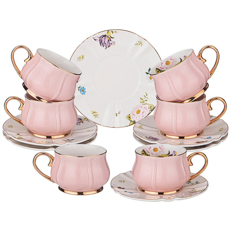 Чайный набор из фарфора на 6 персон 12 предметов Tea Porcelain Set Белый Золотой Розовый в Воронеже | Loft Concept 