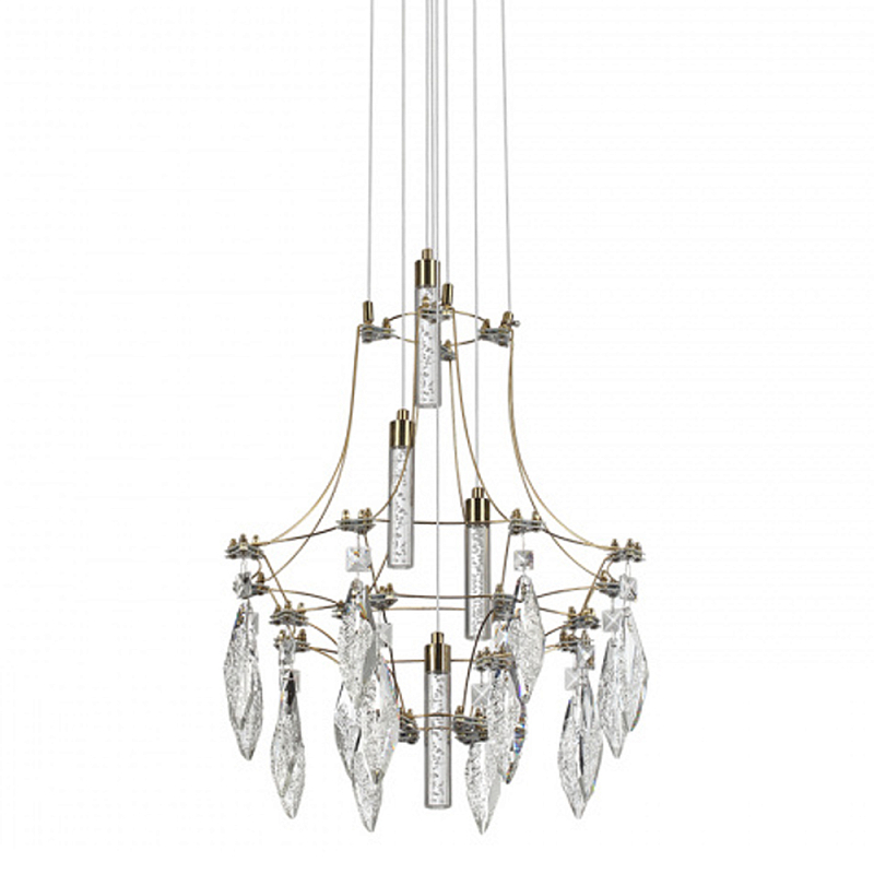 Люстра подвесная из металла с хрустальными подвесками прозрачного цвета Quasar 41 Золотой Хром в Воронеже | Loft Concept 