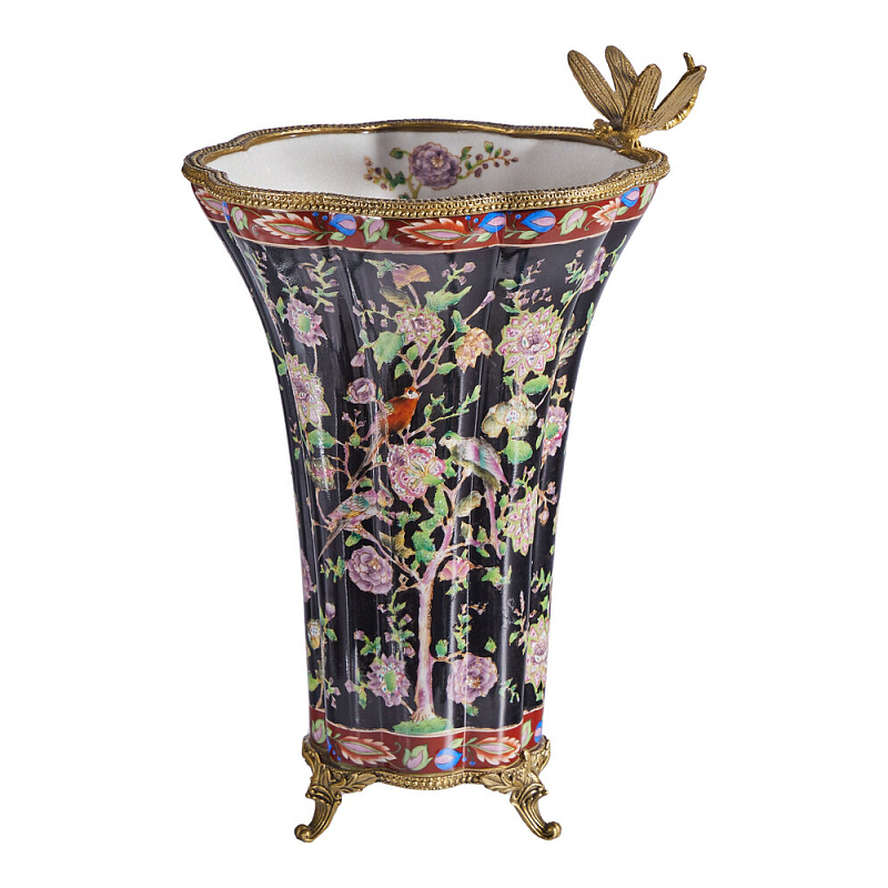 Ваза из фарфора черная с цветочной росписью и бронзовой стрекозой Spring Garden Бронза Мульти Черный в Воронеже | Loft Concept 