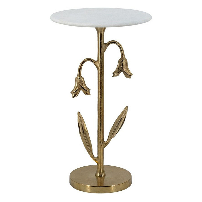 Столик с золотистым основанием в виде цветка и круглой мраморной столешницей Golden Snowdrop Золотой Белый в Воронеже | Loft Concept 