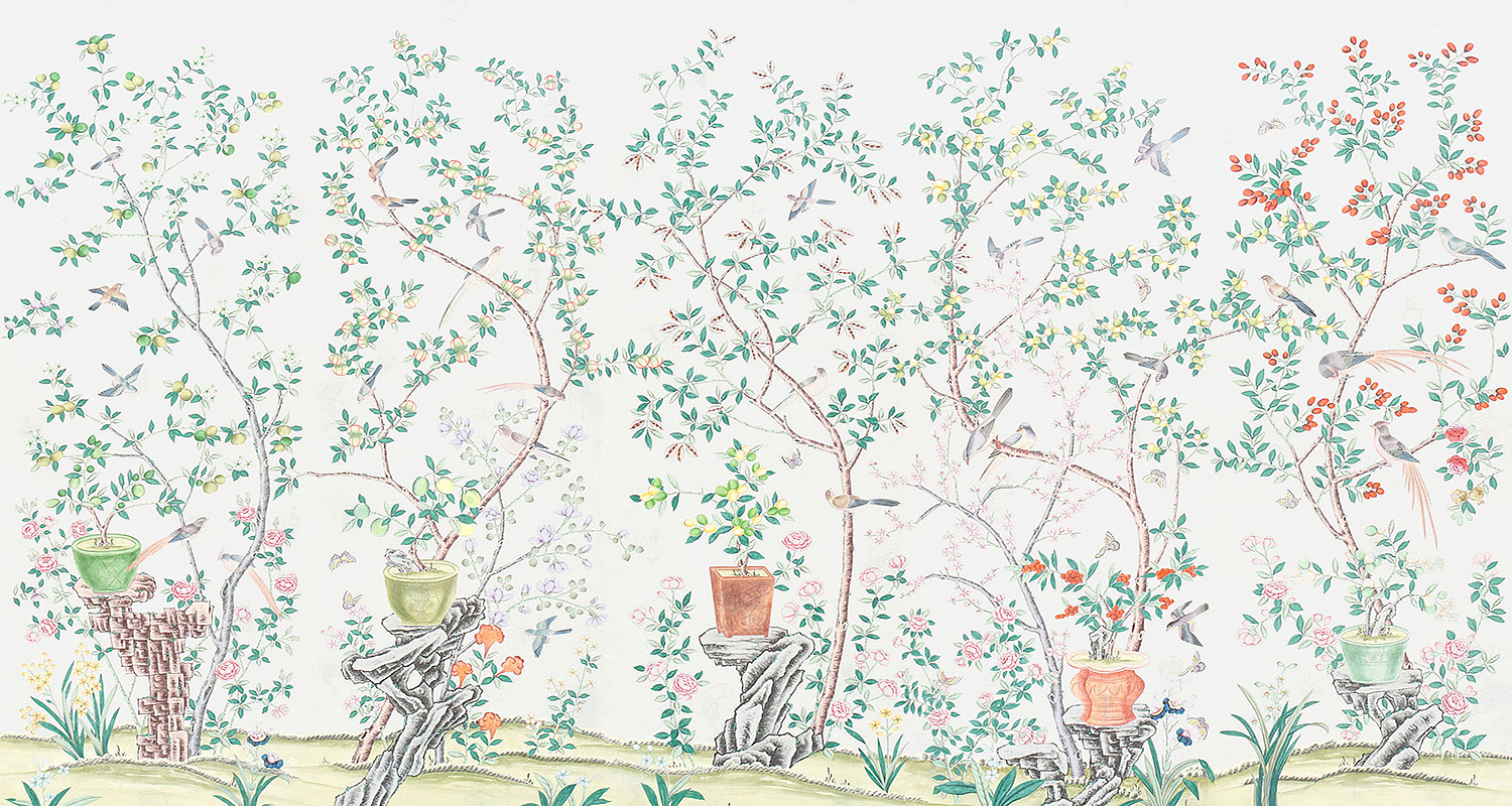 Обои ручная роспись Jardinieres & Citrus Trees Natural Mica Обои ручная роспись Jardinieres & Citrus Trees Natural Mica - Loft-Concept в Воронеже