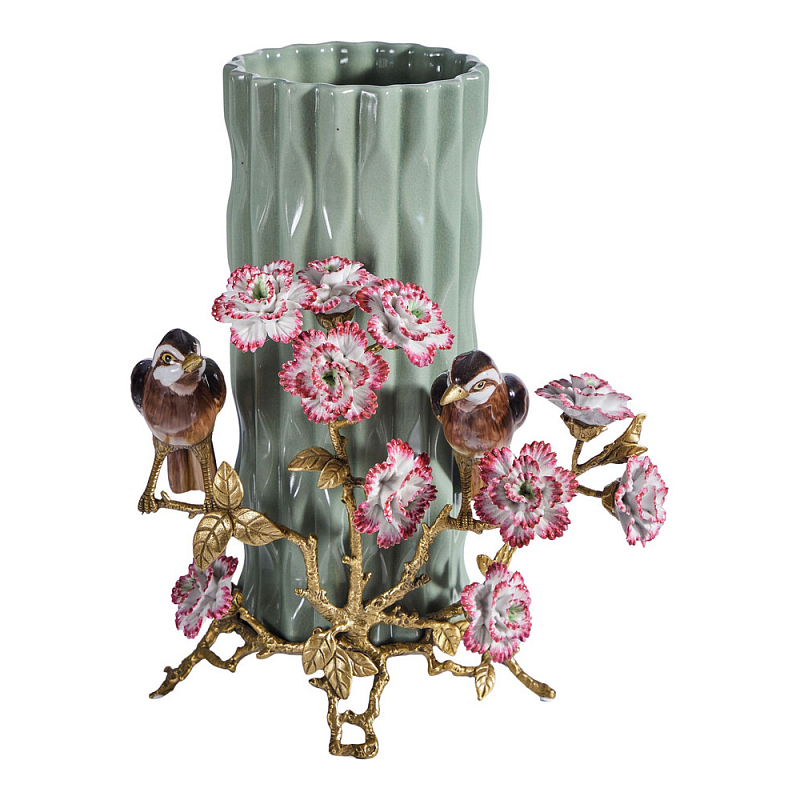 Ваза с птицами и цветами из фарфора с бронзовыми элементами Garden of Eden Бронза Мульти Зеленый в Воронеже | Loft Concept 