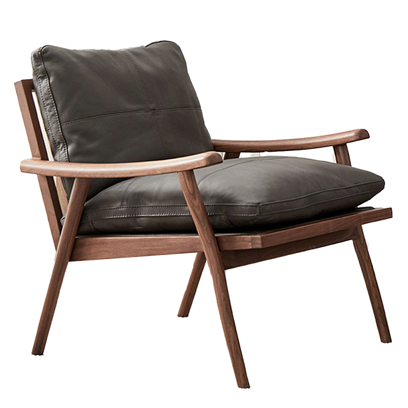Кресло c каркасом из массива дерева и мягкой кожаной обивкой Walnut Armchair Орех в Воронеже | Loft Concept 