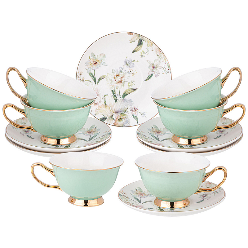 Чайный набор из фарфора на 6 персон Tea Porcelain Set Белый Золотой Зеленый в Воронеже | Loft Concept 