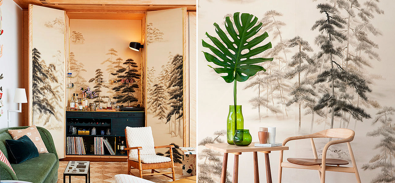 Обои ручная роспись Abstract Pines Dark Lacquer on Natural Mica metallic silk Обои ручная роспись Abstract Pines Dark Lacquer on Natural Mica metallic silk - Loft-Concept в Воронеже